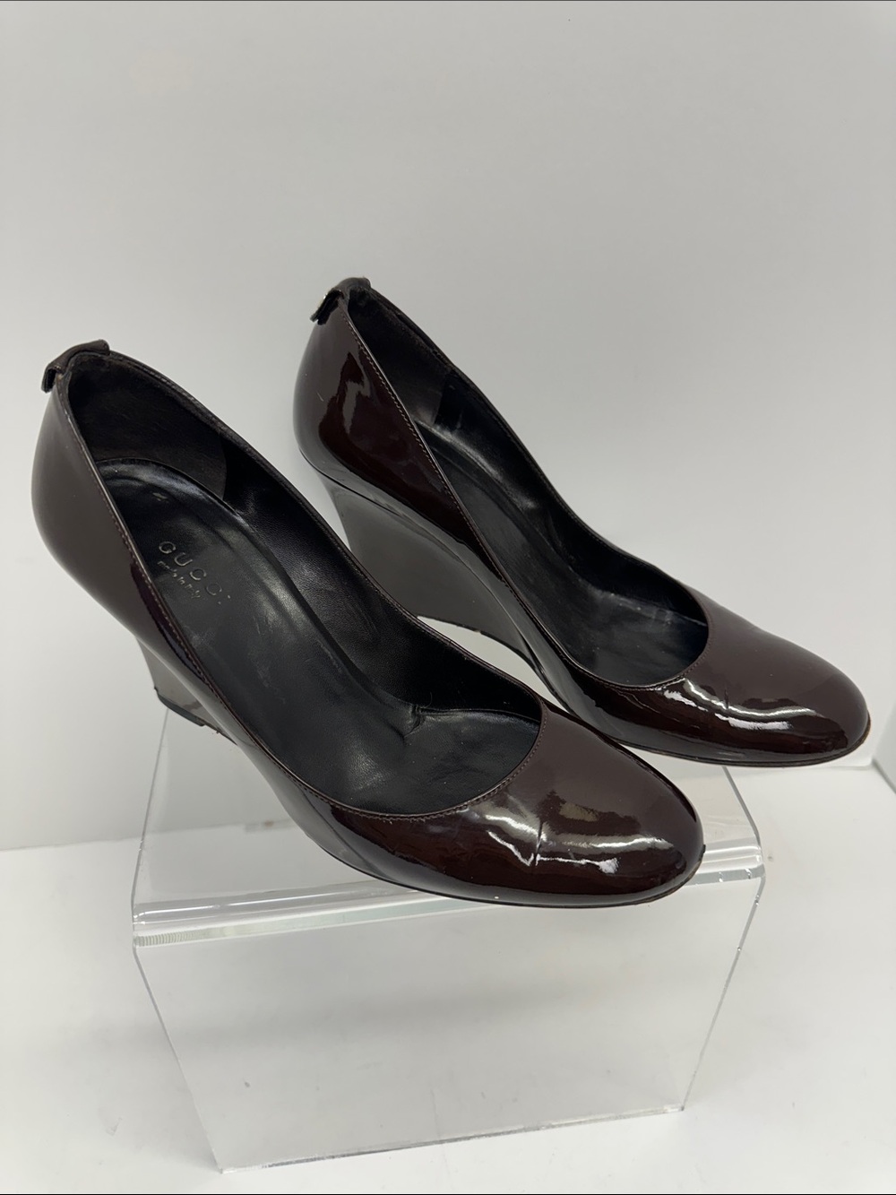 Gucci Dark Brown Patent Leather Wedge Pumps